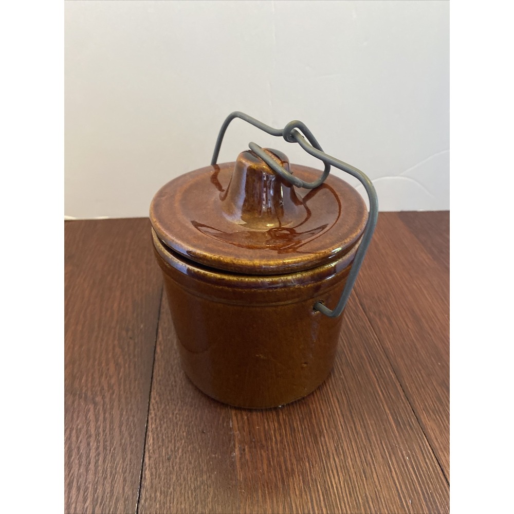 Vintage Cheese Crock with Locking Wire Bail Lid Dark Brown Glaze Jar